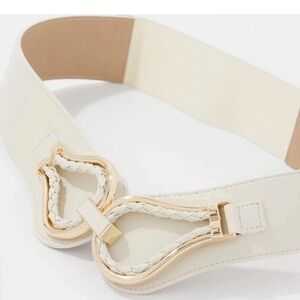 White House Black Market Cream Elastic Waist Belt with Gold Loop Hardware